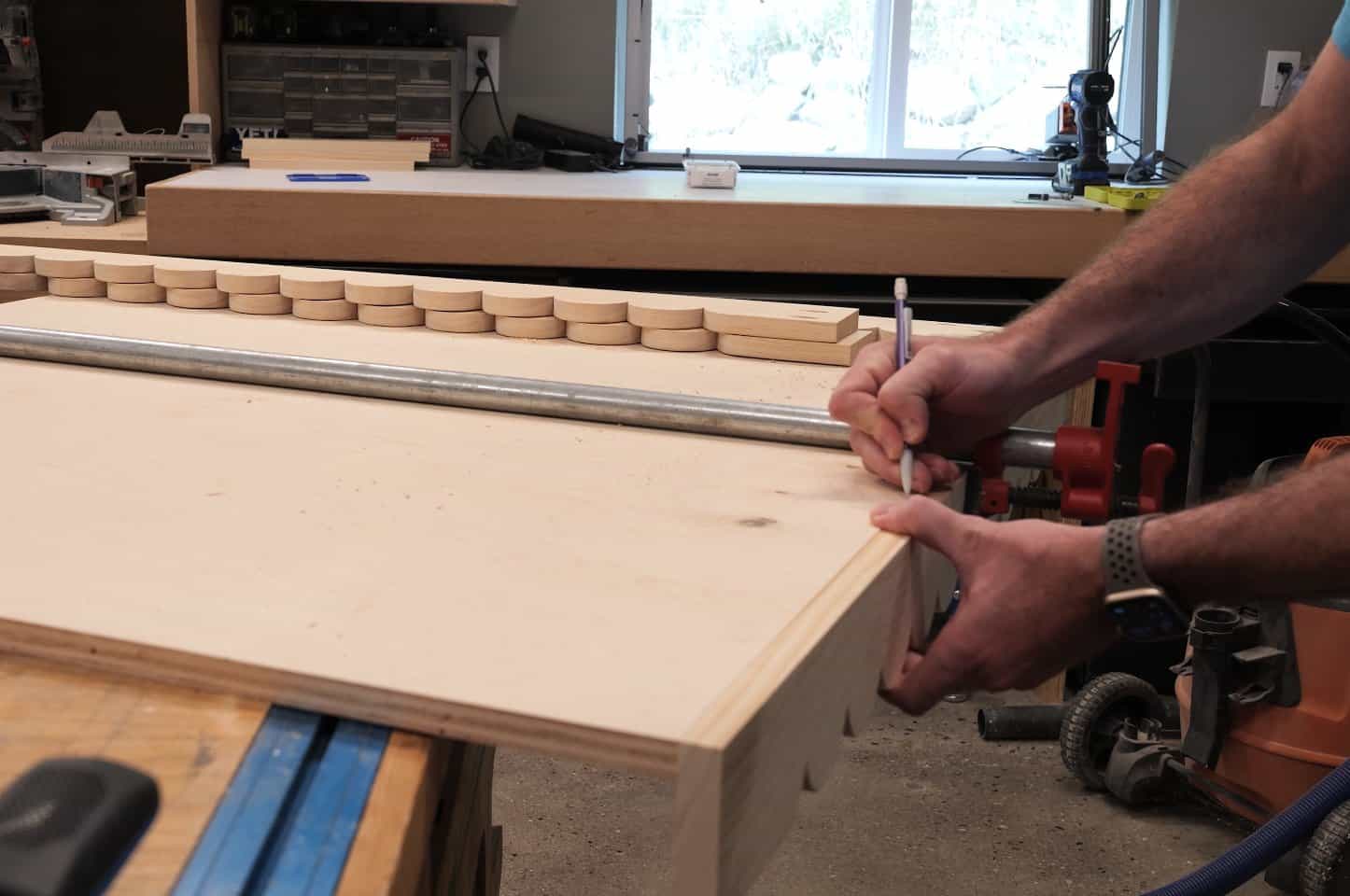Marking loose tenon locations across a table apron and plywood top