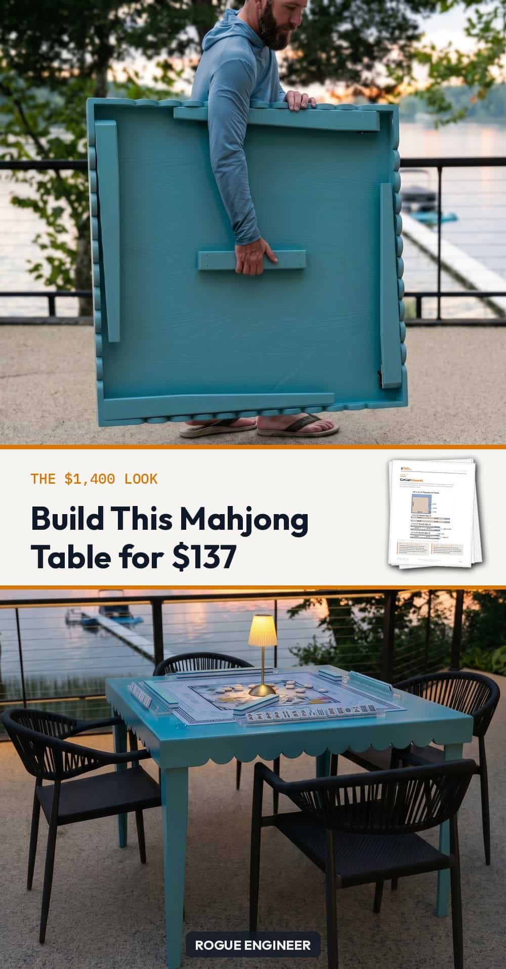 DIY folding mahjong table: a 42 inch square game table from half a sheet of plywood for $137. Seats four, legs fold flat for the closet. Free tutorial plus printable plans. #mahjong #DIYfurniture