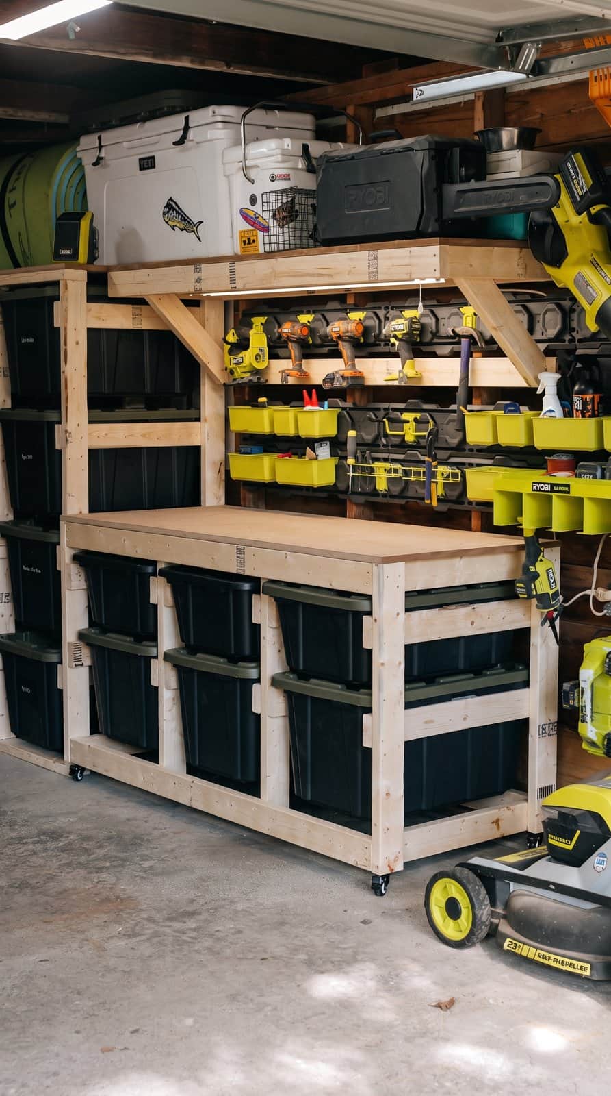 Mobile tote workbench with a 2x4 and plywood shelf above it