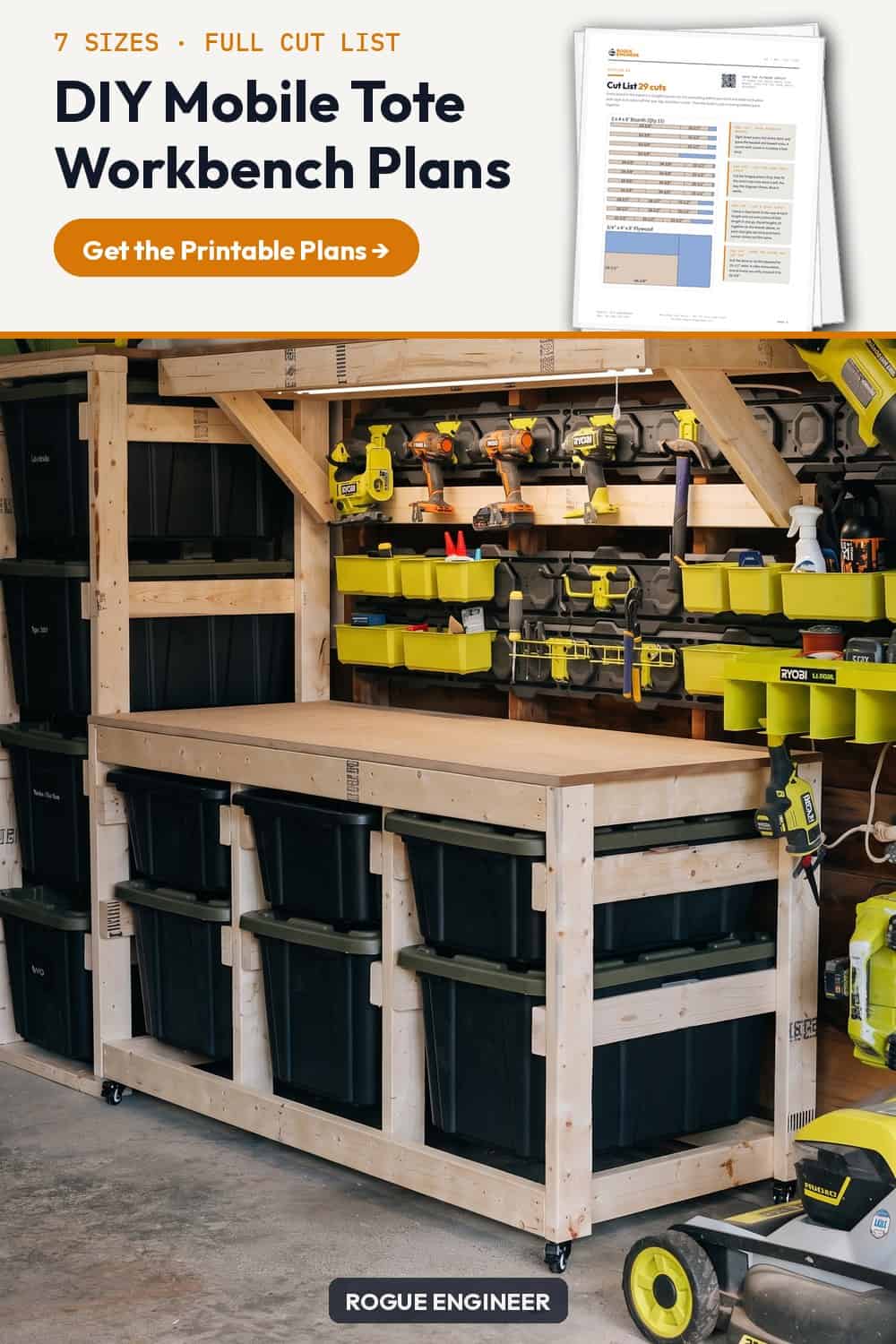 DIY mobile workbench with tote storage: a rolling 2x4 bench that holds 27 and 14 gallon totes like drawers, about $140 to build. Plans in 7 sizes.