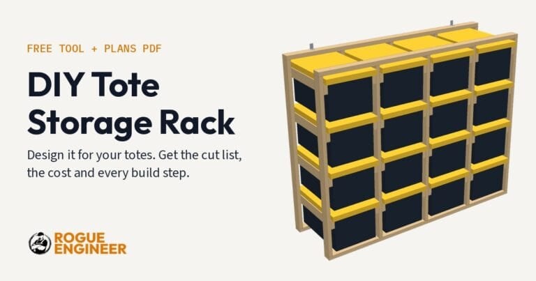 DIY tote storage rack built from 2x4s holding 16 HDX 27 gallon totes, 4 wide and 4 tall
