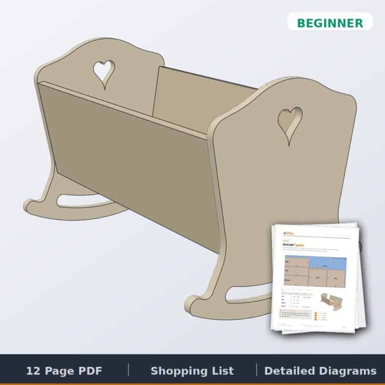 Doll cradle plans cover: 3D render of the rocking doll cradle with the plan pages