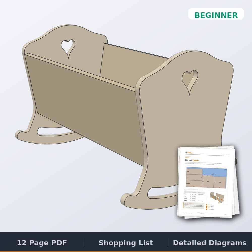 Doll cradle plans cover: 3D render of the rocking doll cradle with the plan pages