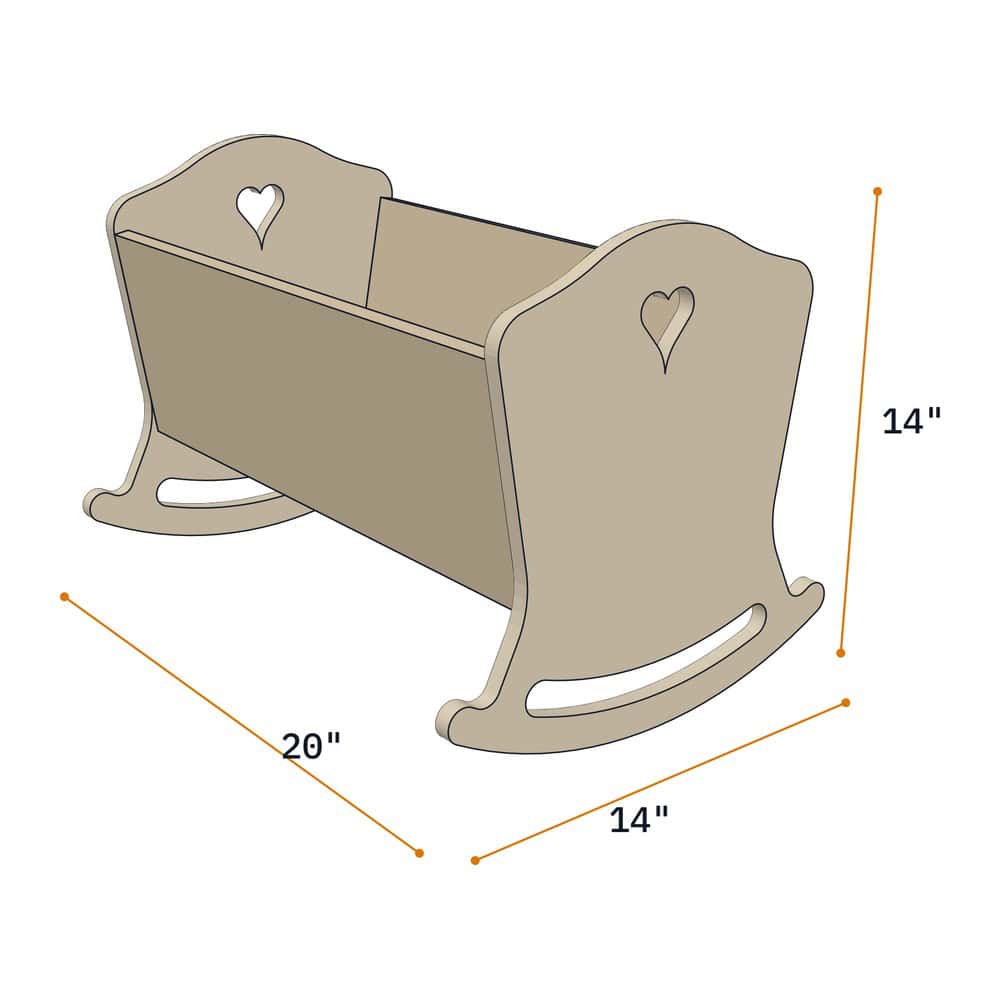 Doll cradle dimensions: 20 inches long, 14 inches wide, 14 inches tall