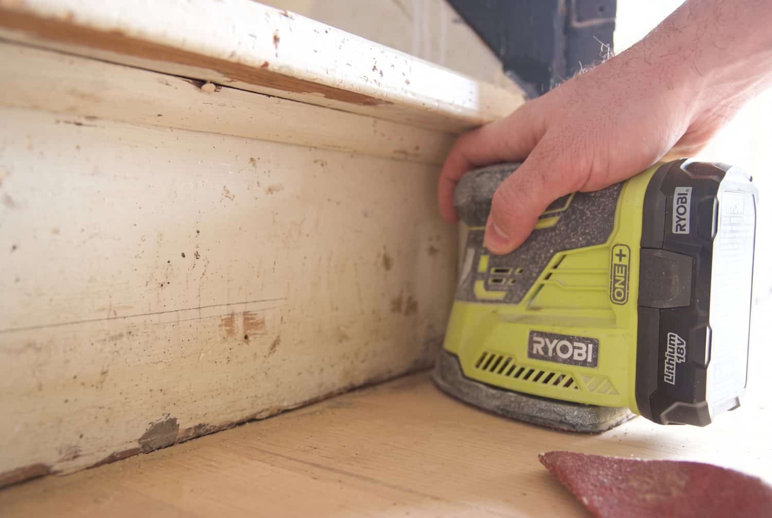 Mouse sander finishing the corners the edger can't reach