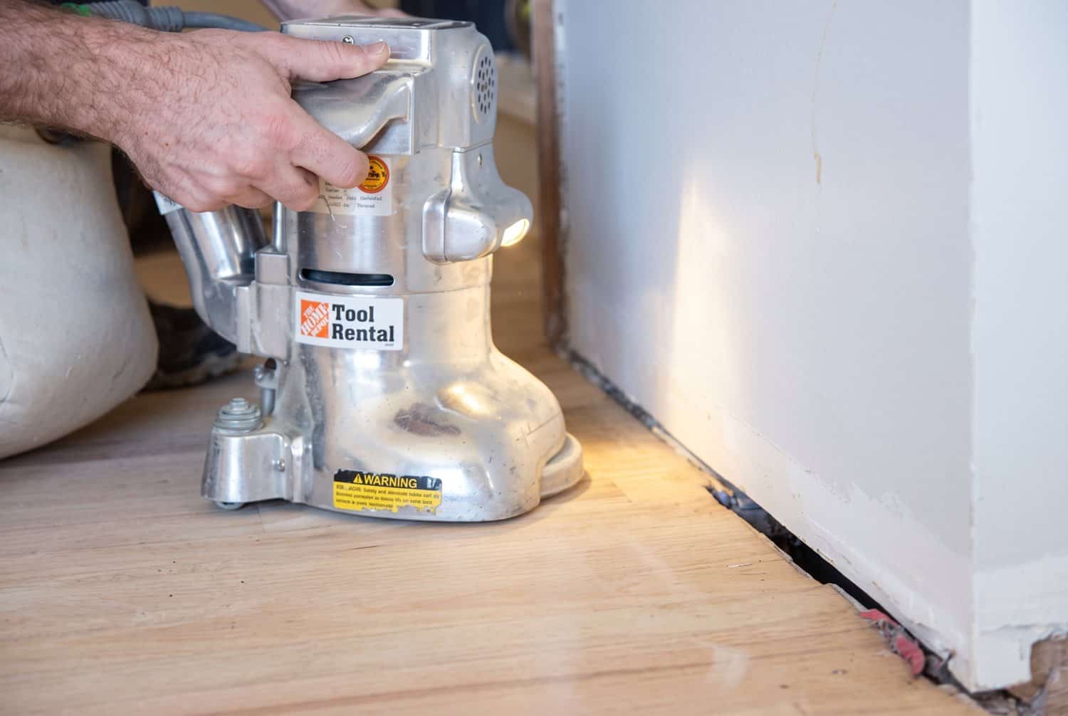 Edge sander at 60 grit along the baseboard line
