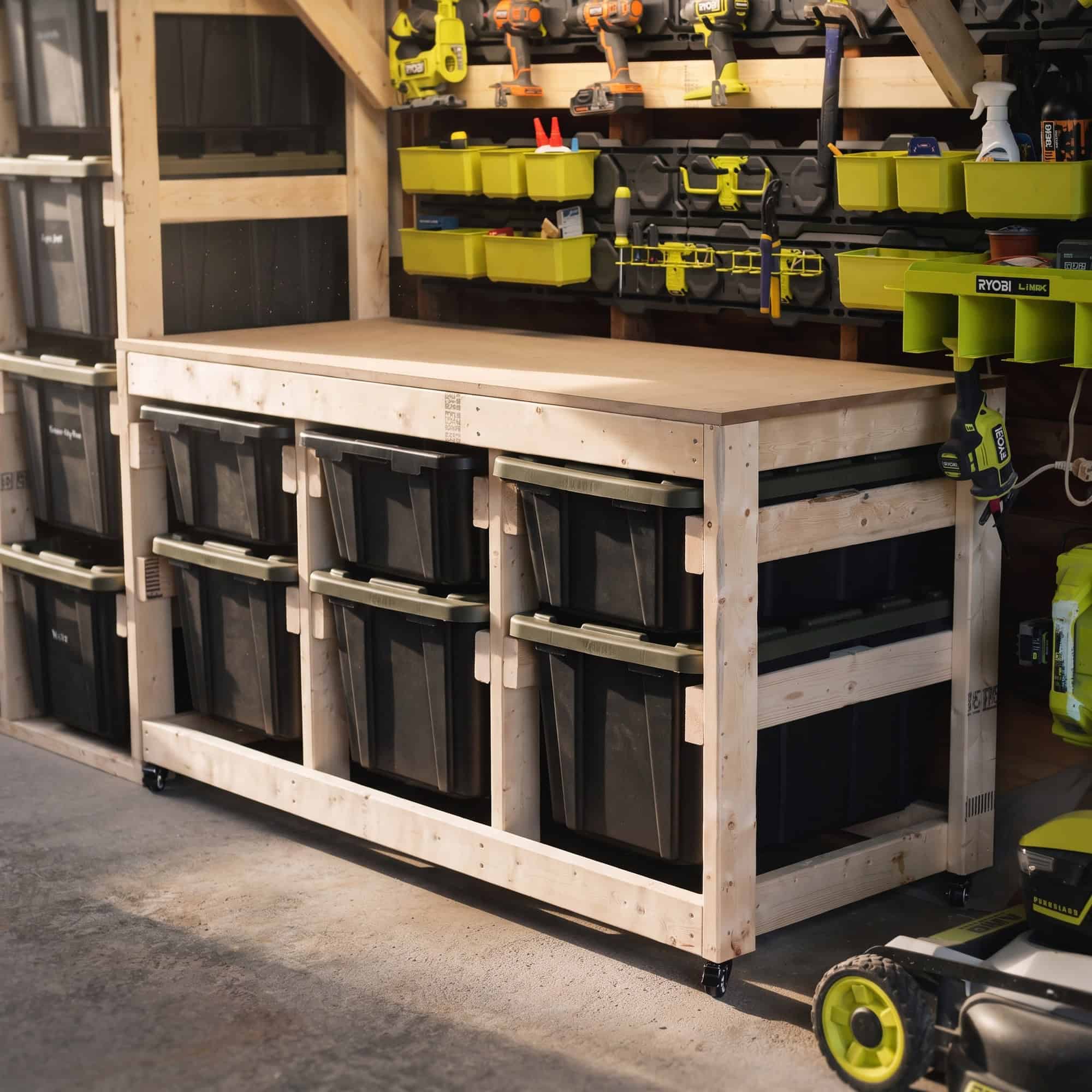 DIY mobile workbench with tote storage in a garage