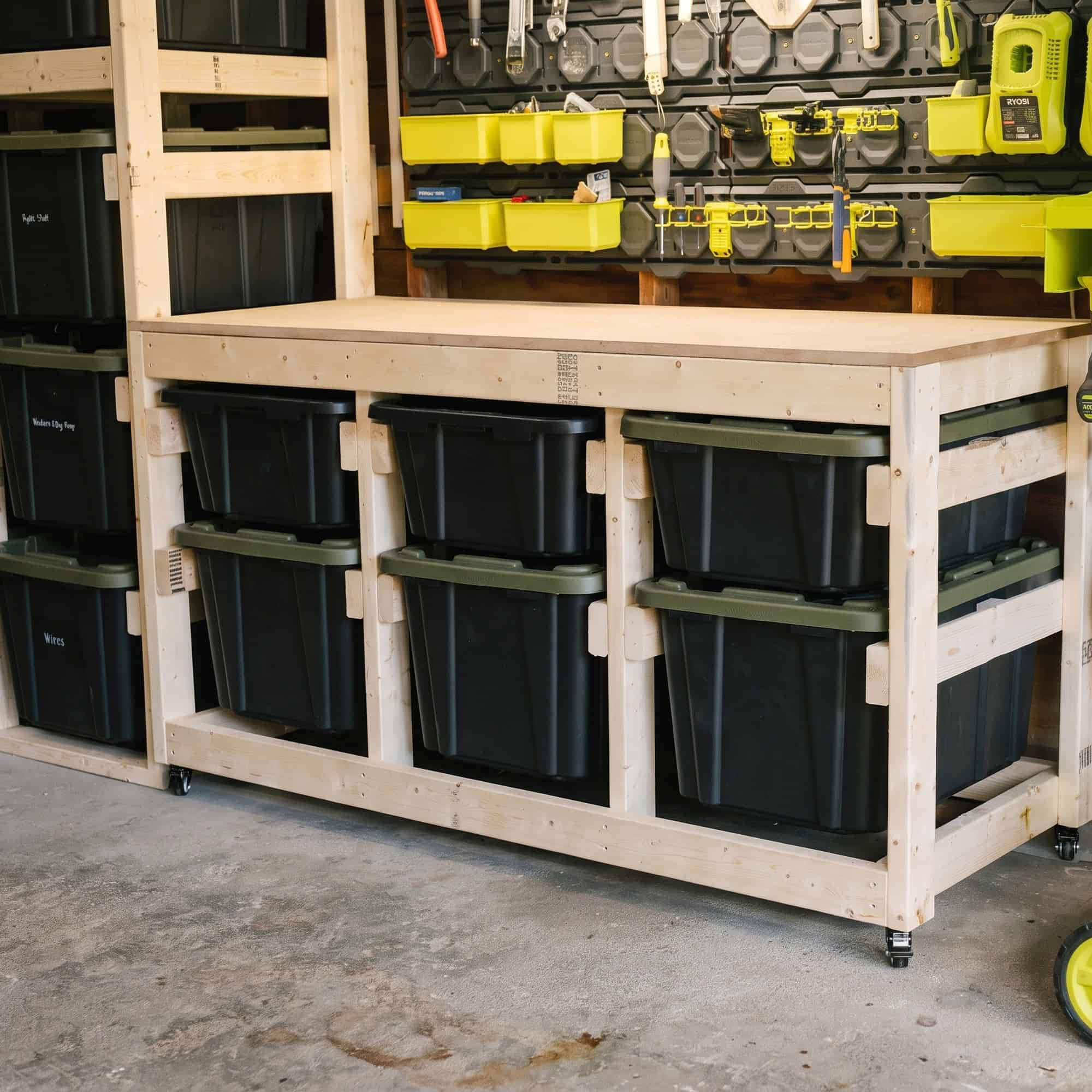Mobile tote workbench on locking casters with 27 and 14 gallon totes
