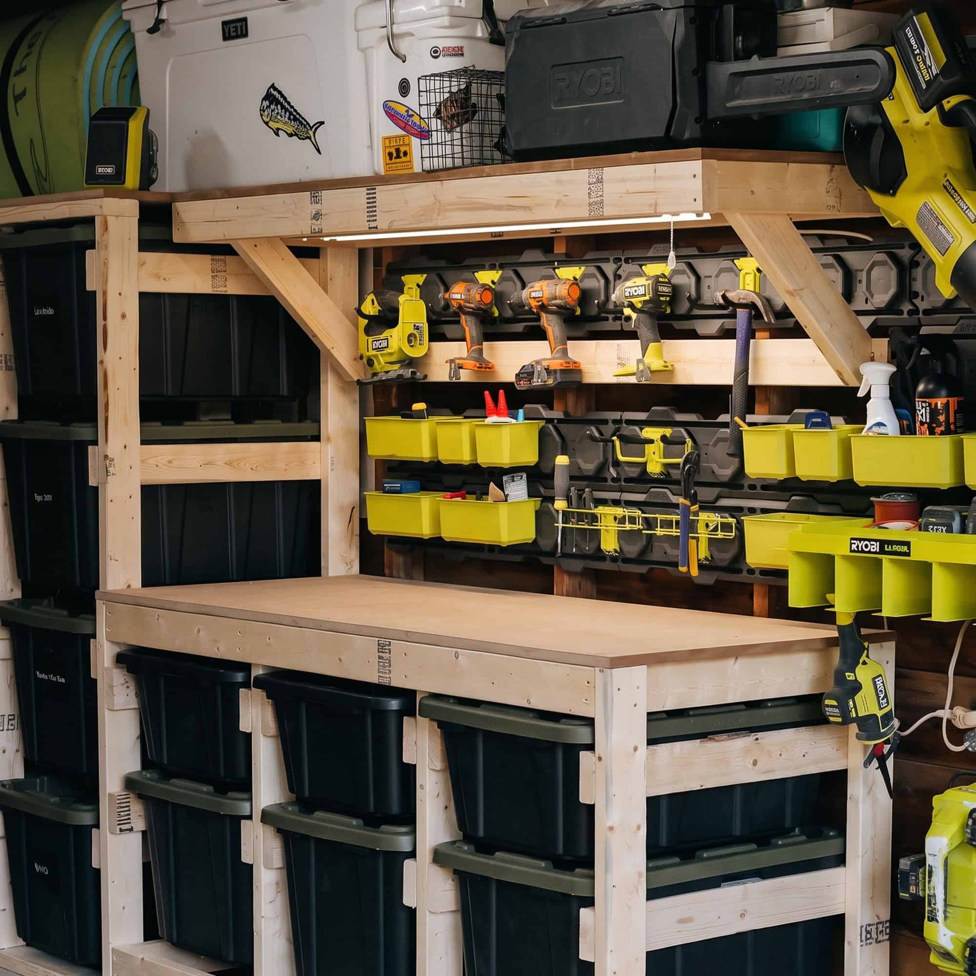 Mobile tote workbench with a plywood shelf built above it