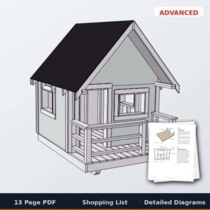 Backyard playhouse plans PDF cover: a playhouse with a covered porch and shingled roof, 13 page PDF
