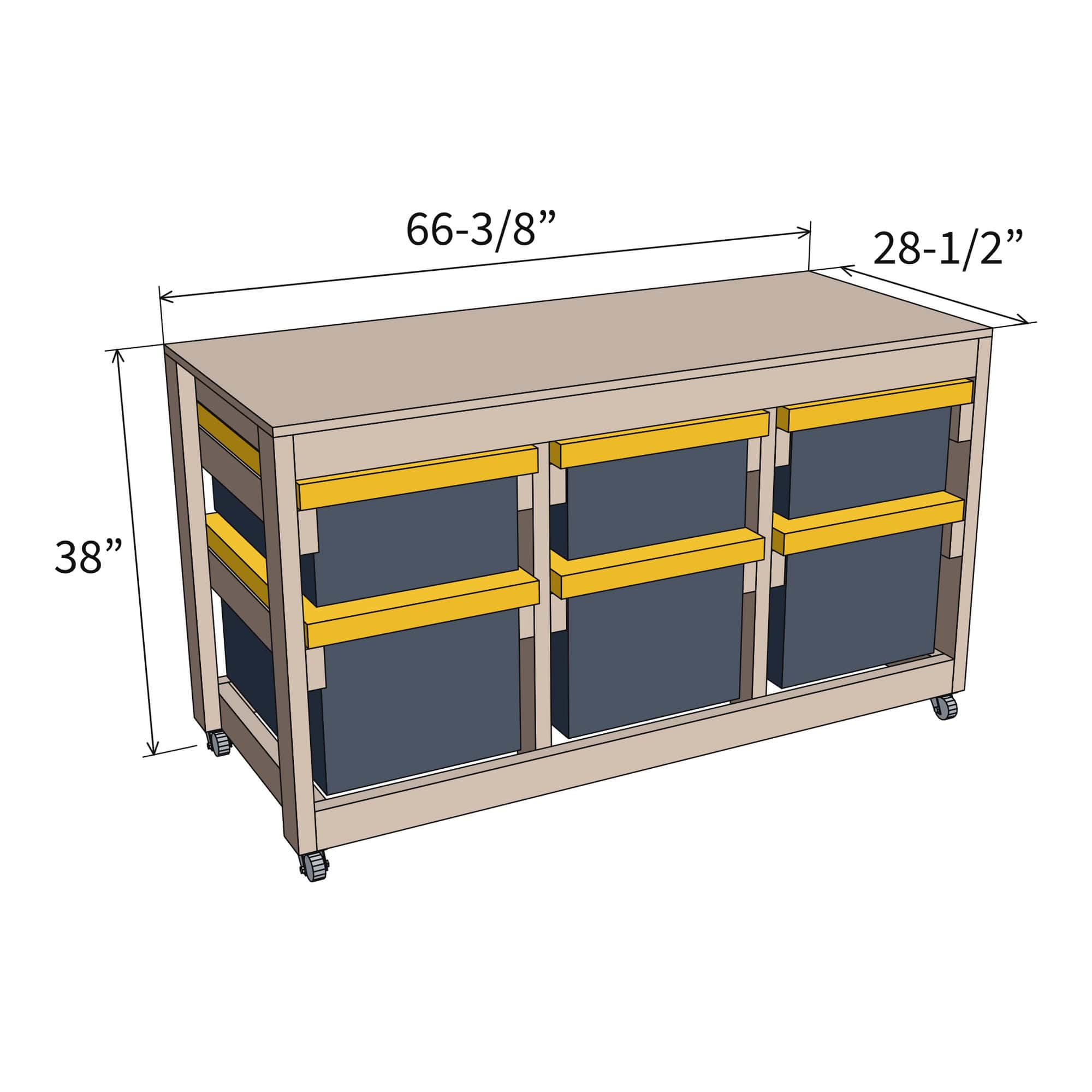 Mobile tote workbench plans, 3 bay straight, imperial dimensions
