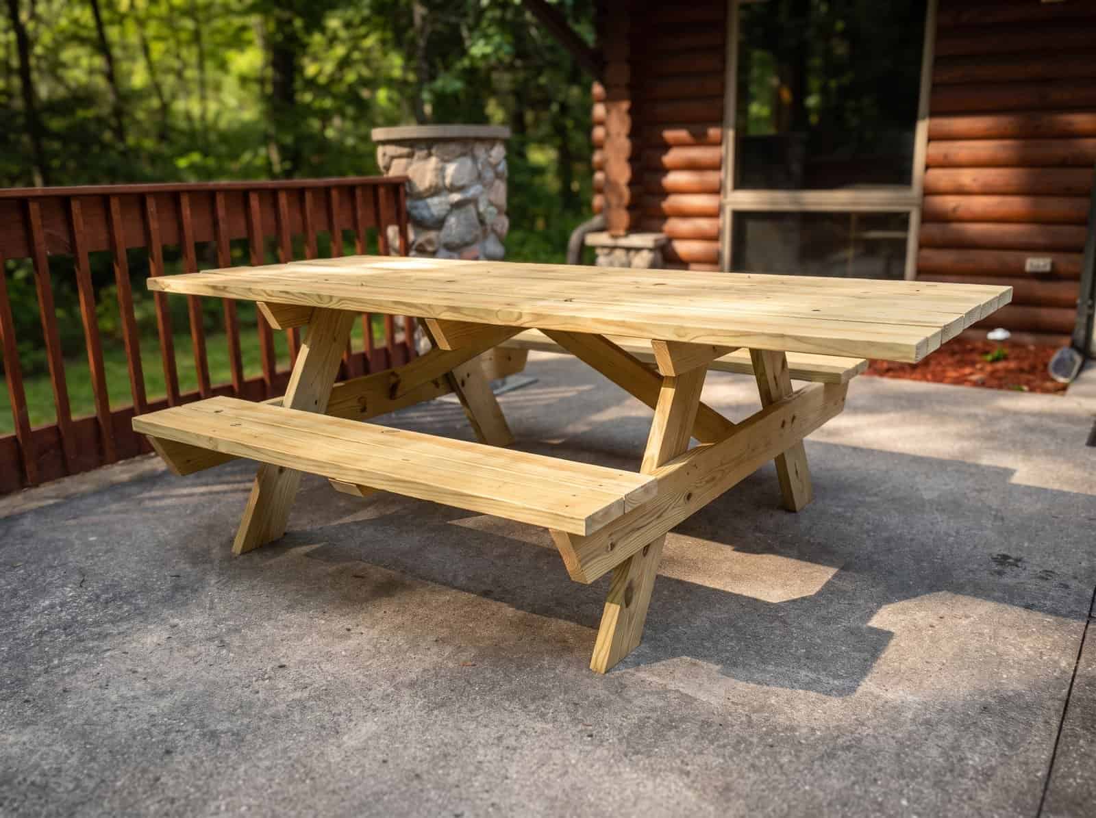Finished wheelchair accessible picnic table on a patio, showing the open roll-under end past the bench