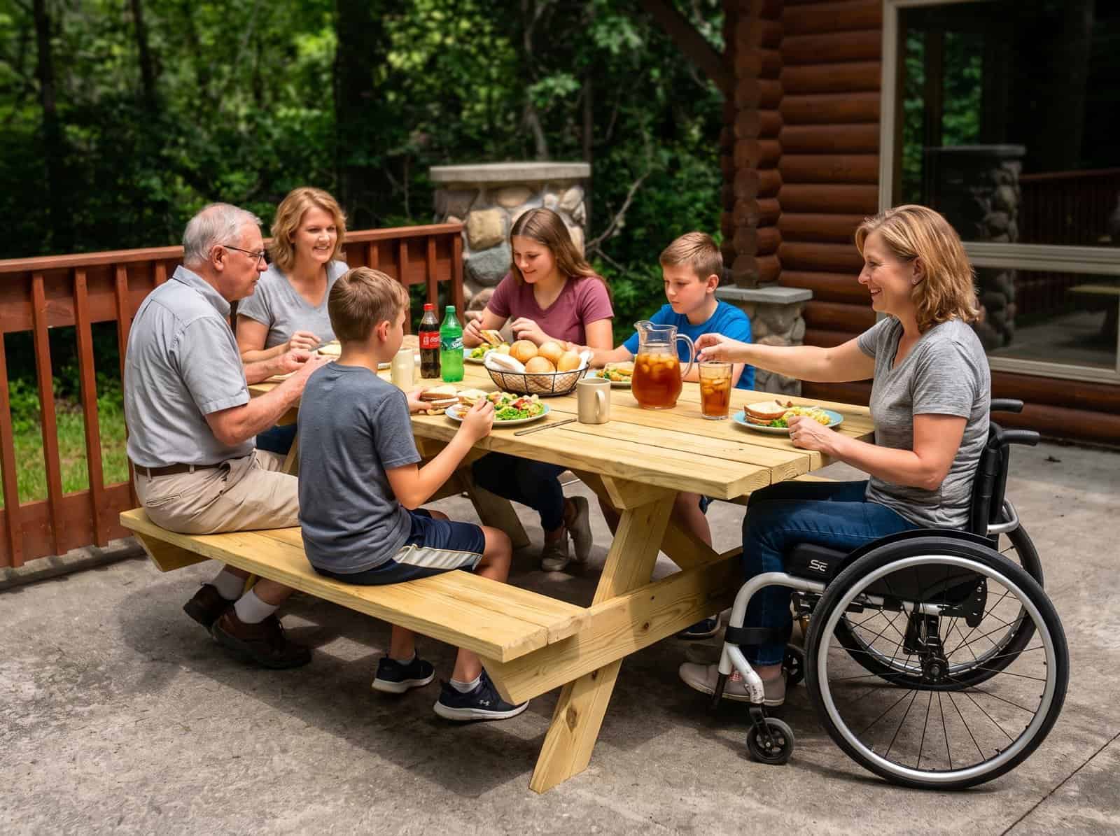 Family eating at the wheelchair accessible picnic table, with a wheelchair user seated at the open end
