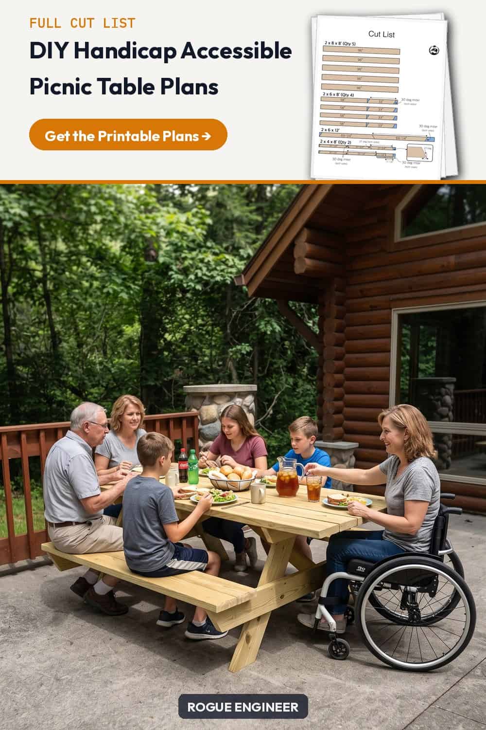 Free wheelchair accessible picnic table plans with an open roll-under end. 96 inches long, pressure-treated 2x lumber, six steps, about $130 in lumber.